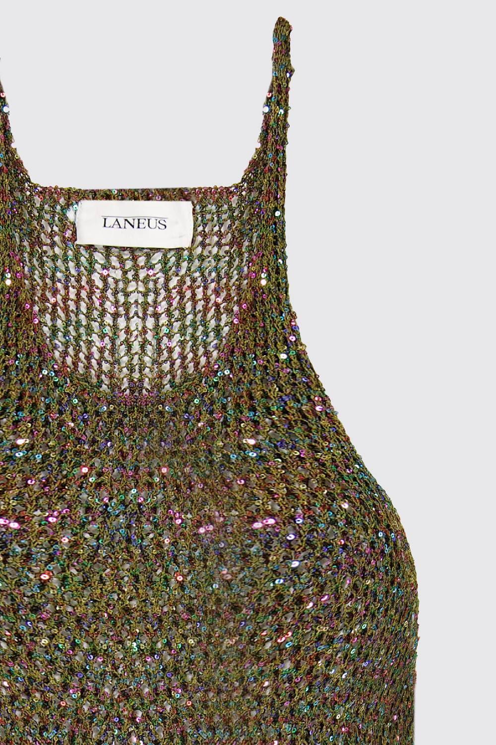 Laneus Lanues canotta in mesh military green con mini paillettes multicolor Vendite Flash