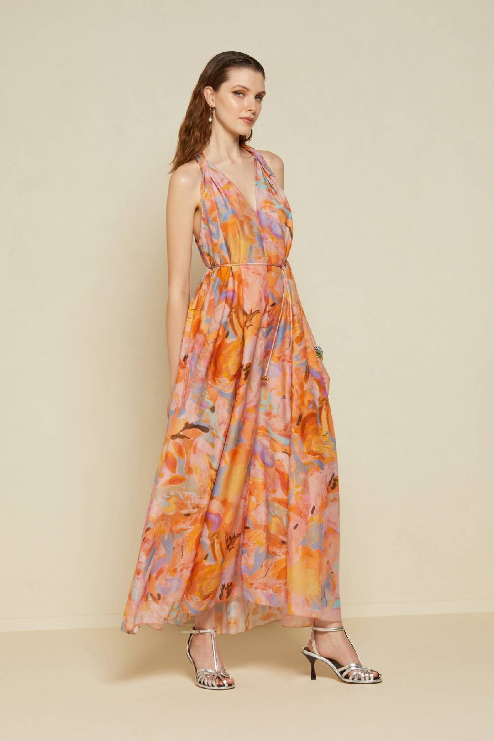 ottod'Ame Silk blend long dress with foulard neckline Sconto