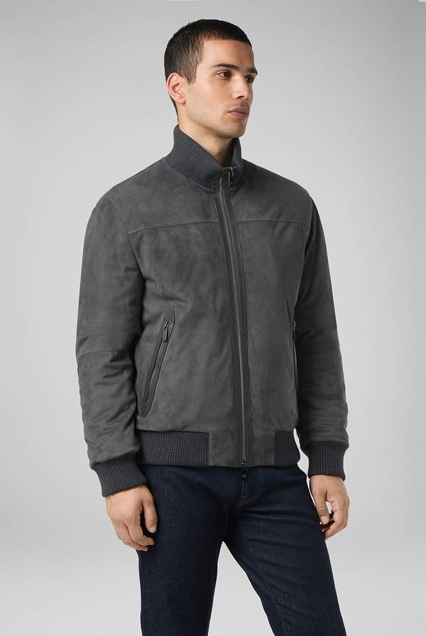 Pal Zileri Bomber in suede antracite con finiture in maglia Vendita Calda