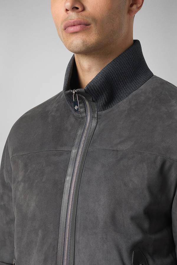 Pal Zileri Bomber in suede antracite con finiture in maglia Vendita Calda