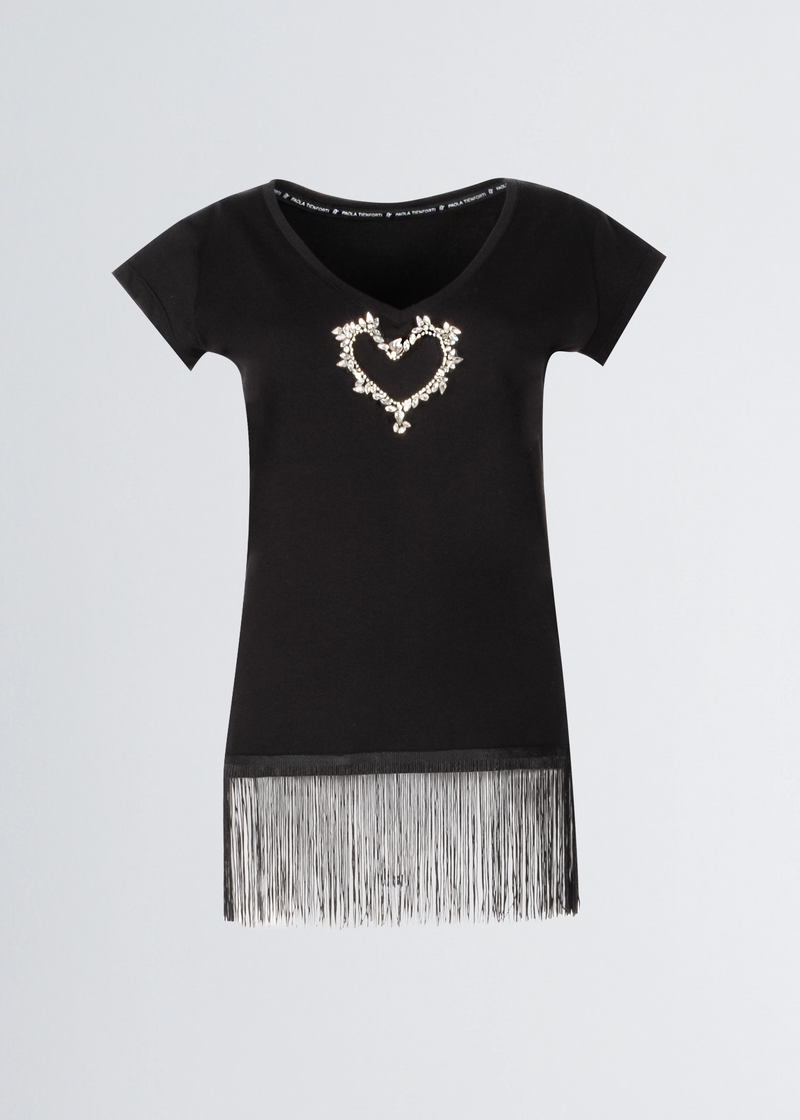 Paola T. T-shirt in cotone stretch con frange Promozione