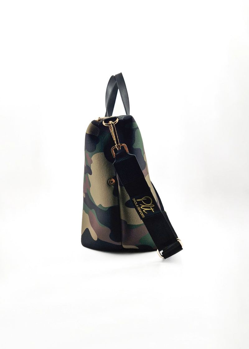 Paola T. Bauletto medium in neoprene camouflage con dettagli oro 2025