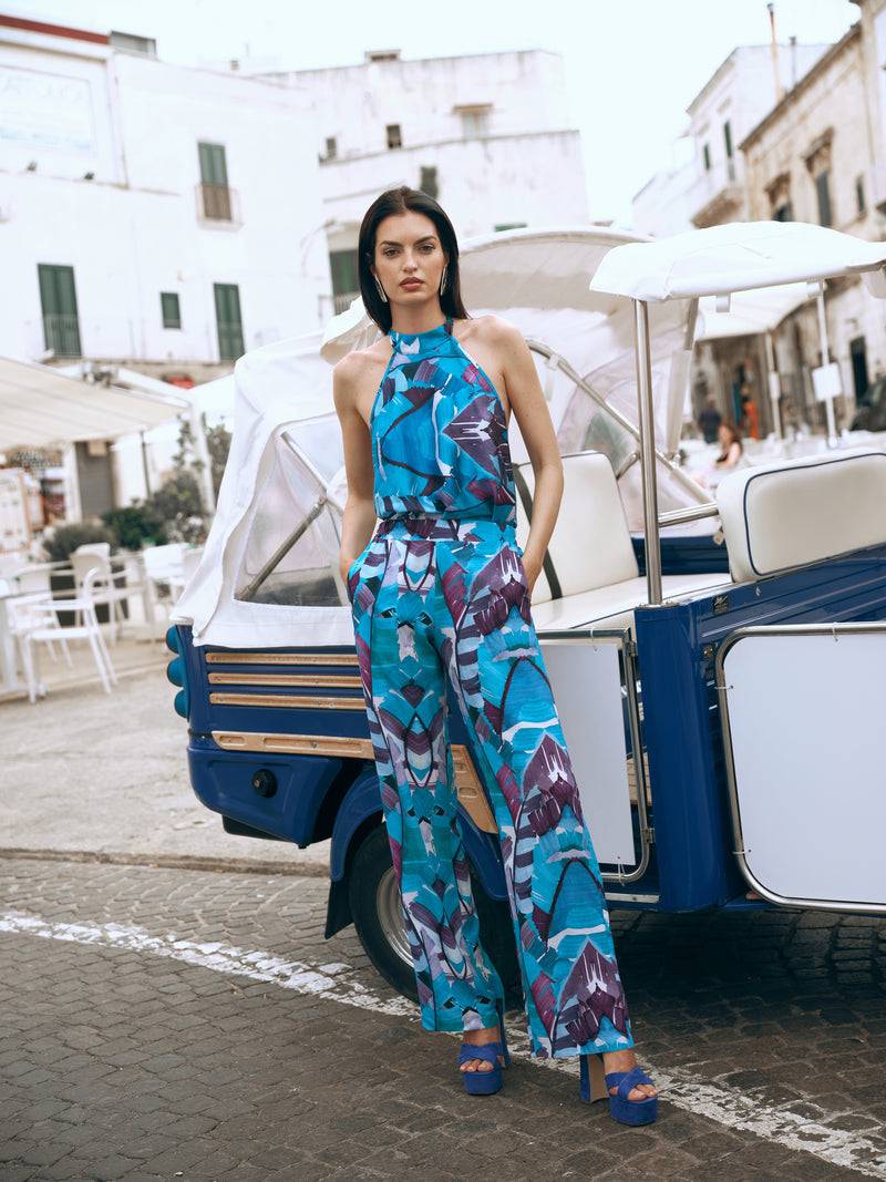 Paola T. Blusa in viscosa stampa Palm Blue Hotsell