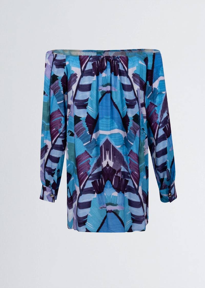 Paola T. Camicia in viscosa stampa Palm Blue Vendita Economica
