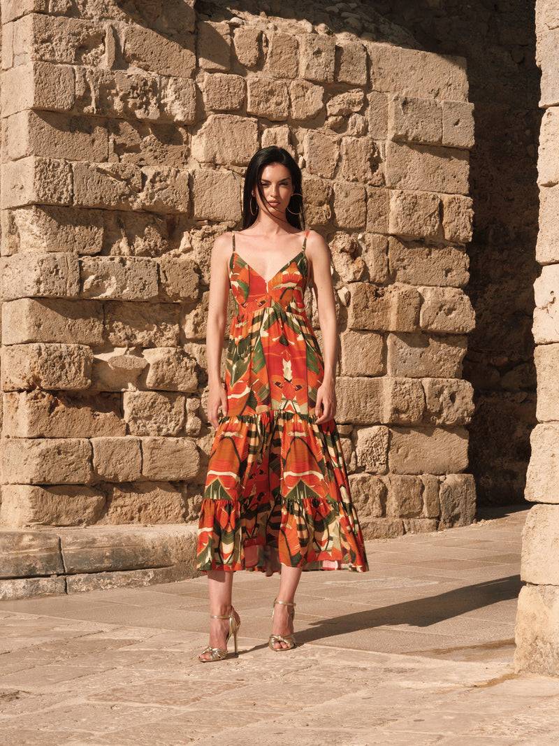 Paola T. Abito lungo in viscosa stampa Palm Italia