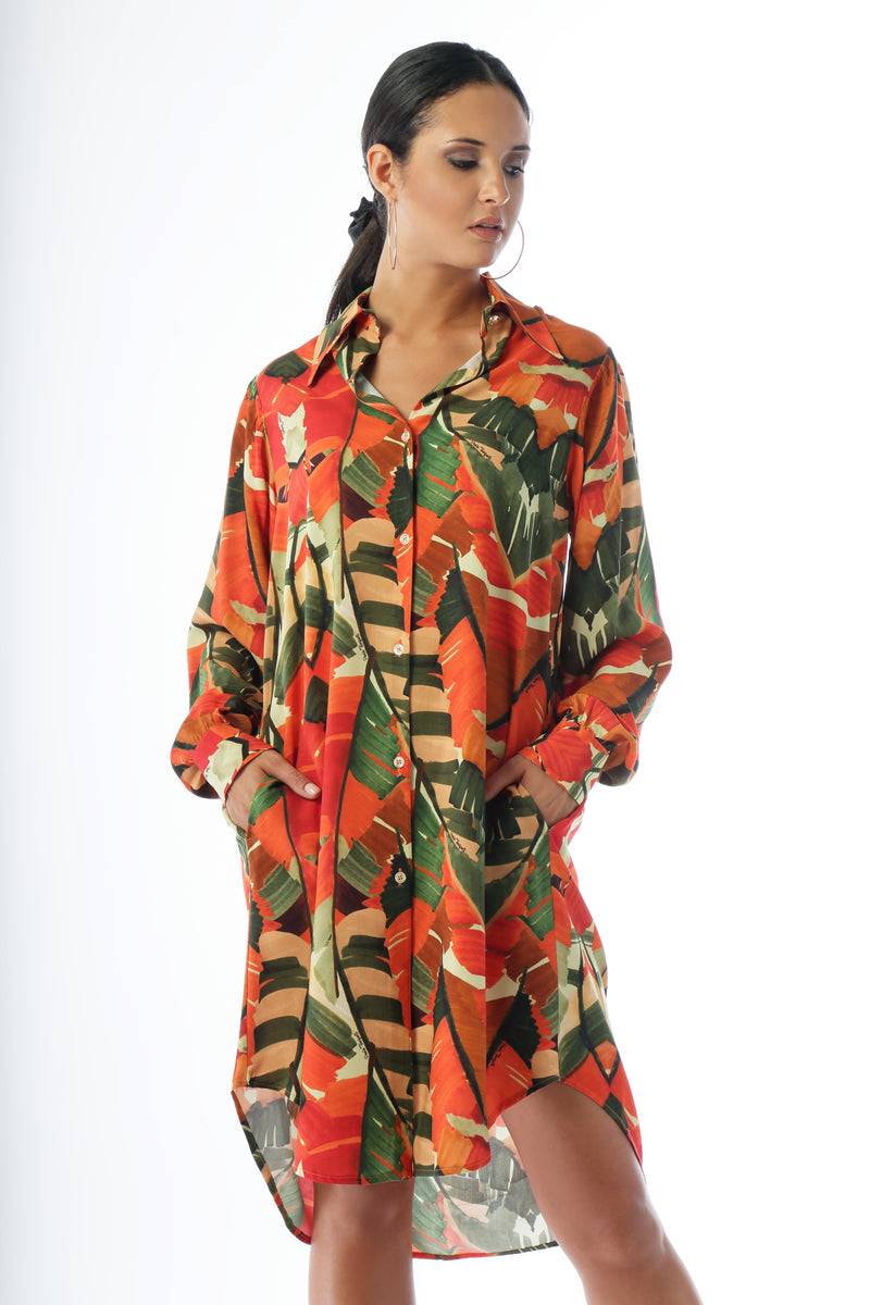 Paola T. Abito in viscosa stampa Palm 2025