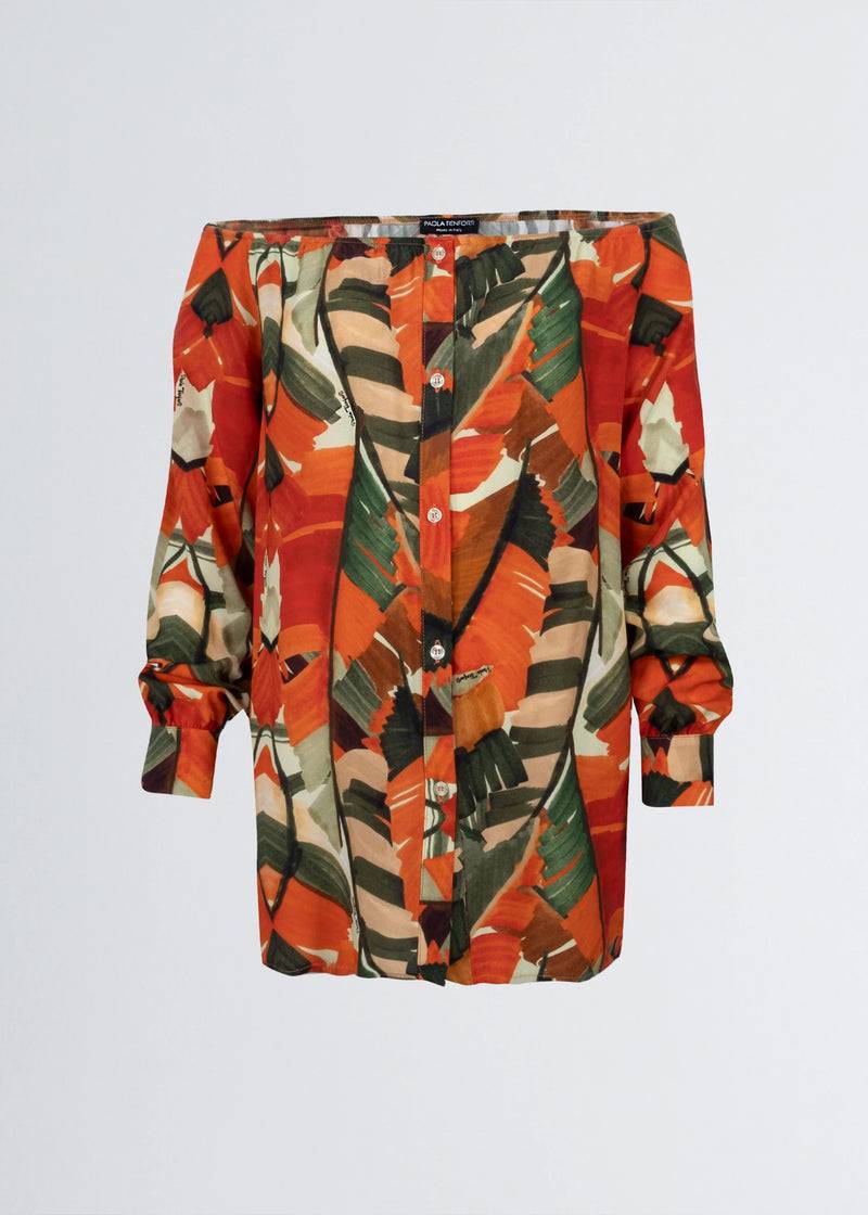 Paola T. Camicia in viscosa stampa Palm Orange In Linea