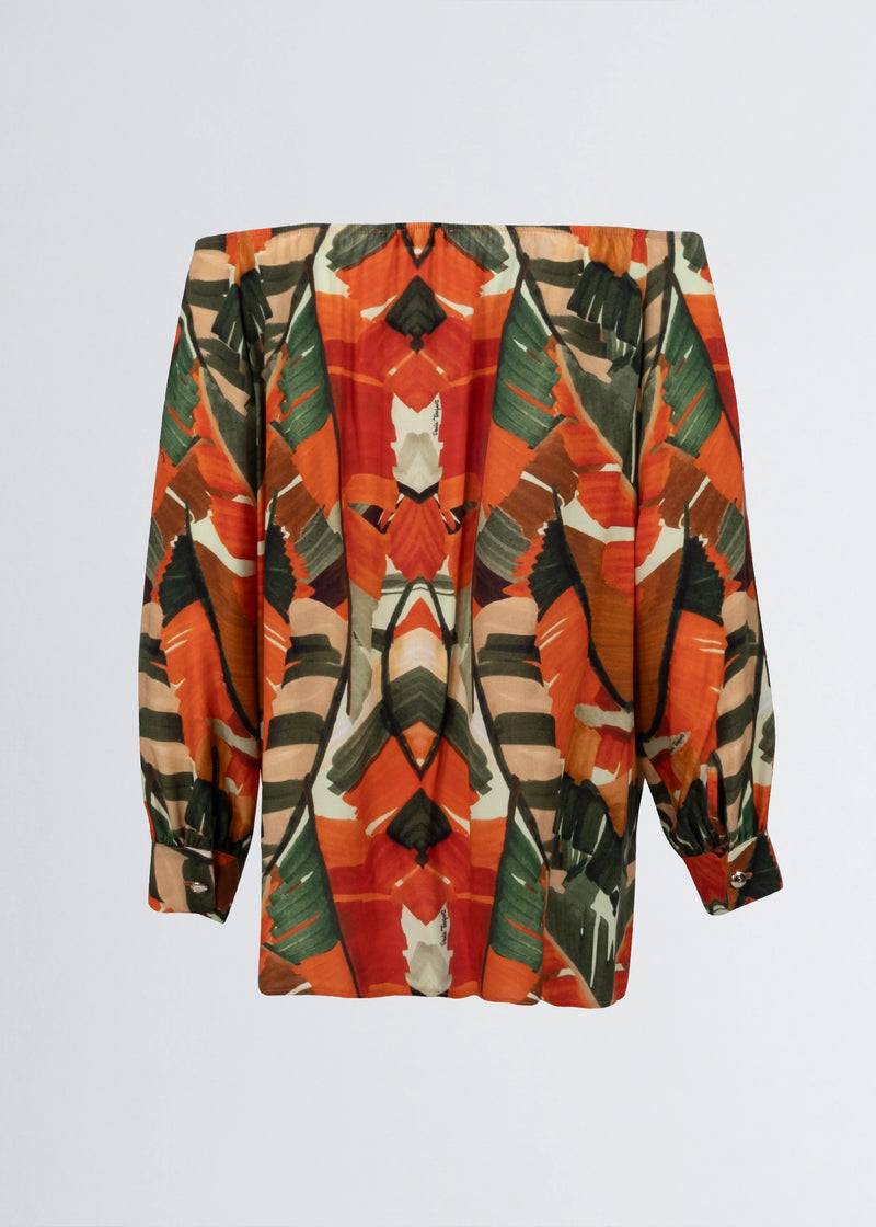 Paola T. Camicia in viscosa stampa Palm Orange In Linea