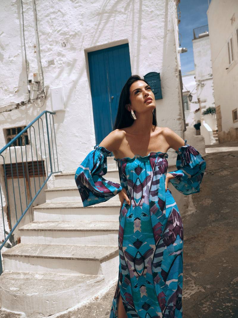 Paola T. Abito lungo in viscosa stampa palm Qualità Garantita
