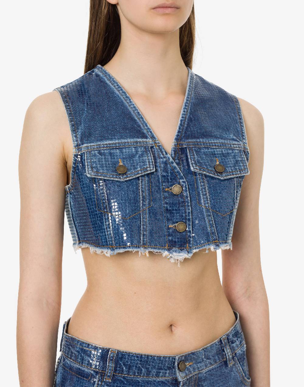 Philosophy Di Lorenzo Serafini Gilet crop in denim con paillettes Black Friday