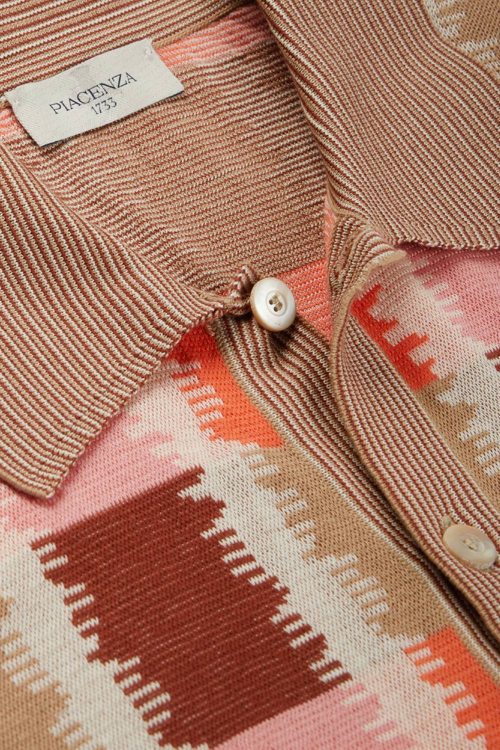 Piacenza 1733 Camicia maniche corte fil a fil ikat plaid jacquard rosa, naturale e bruciato Moda