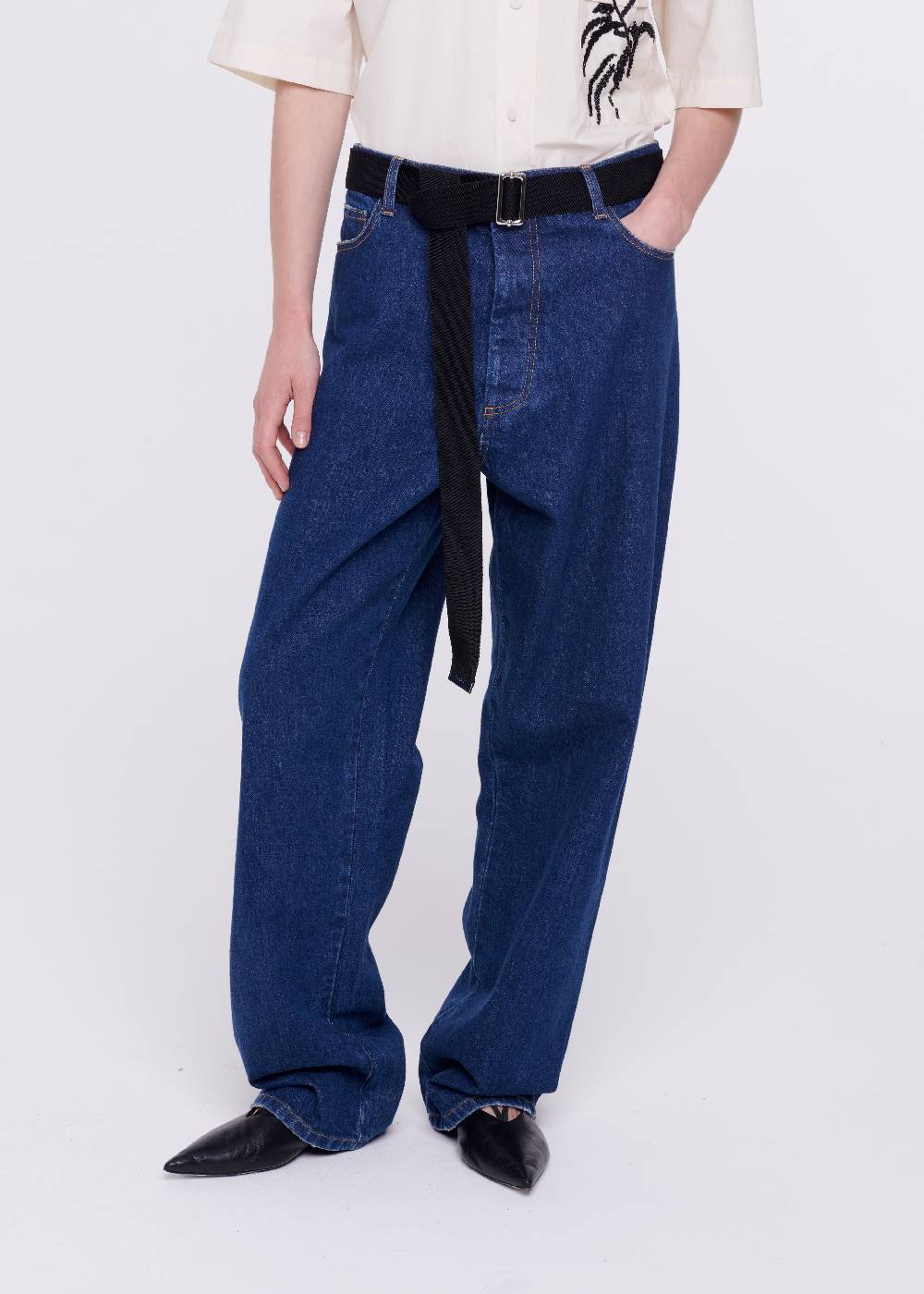 Plan C JEANS A GAMBA AMPIA CON CINTURA NERA Online