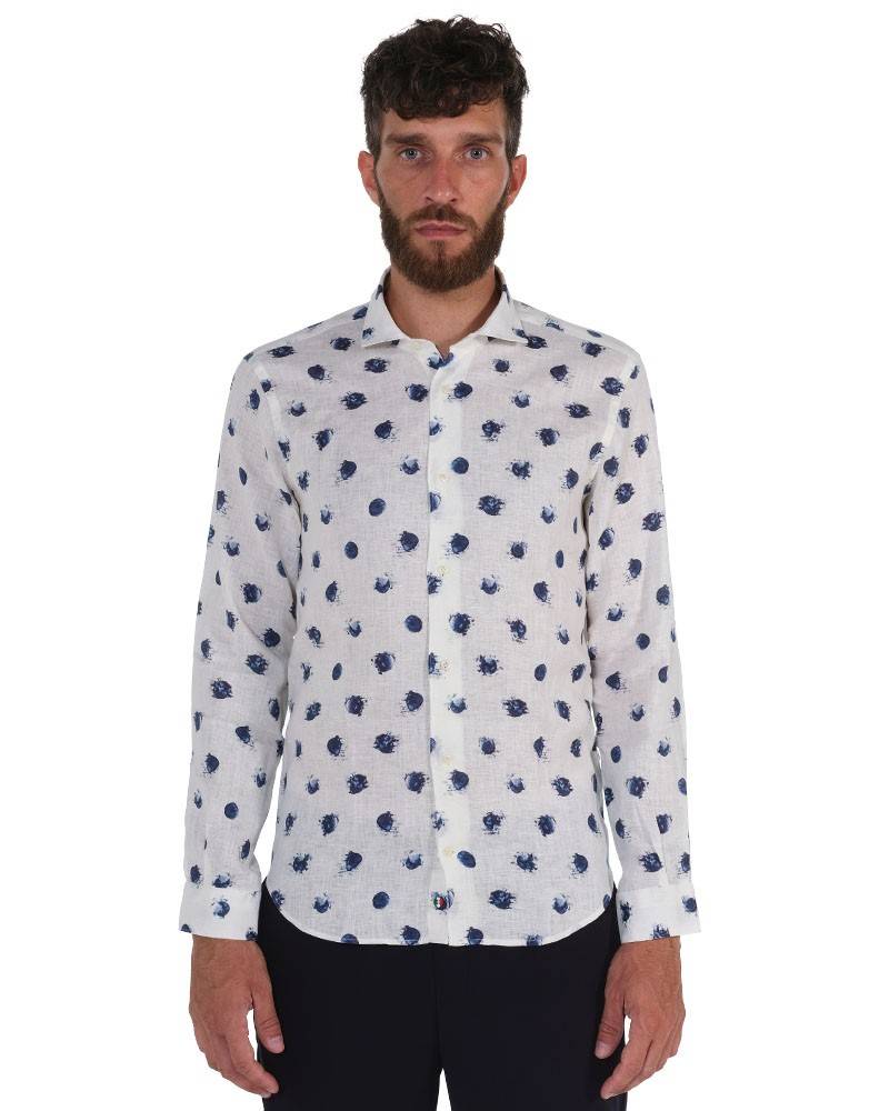 Poggianti Camicia Fantasia Collo Morbido Bianco Sconto