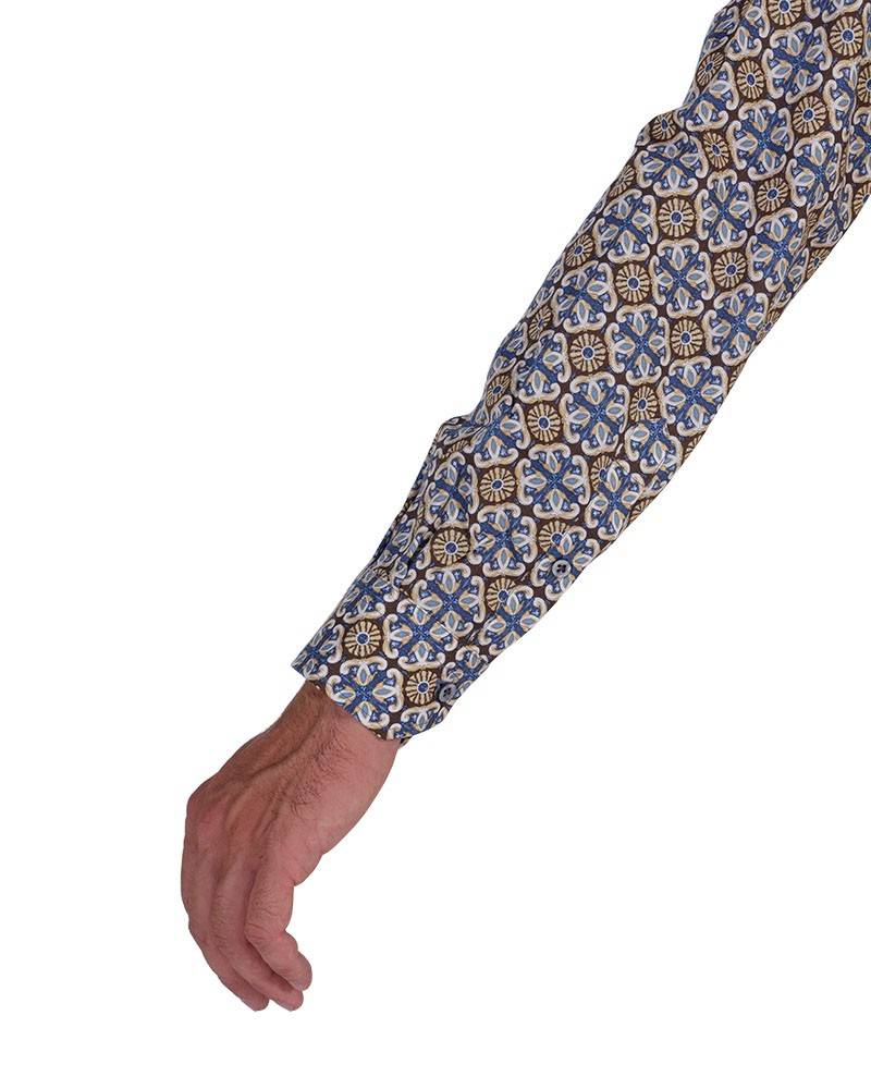 Poggianti Camicia Fantasia Collo Morbido Azzurro/Marrone I Più Venduti