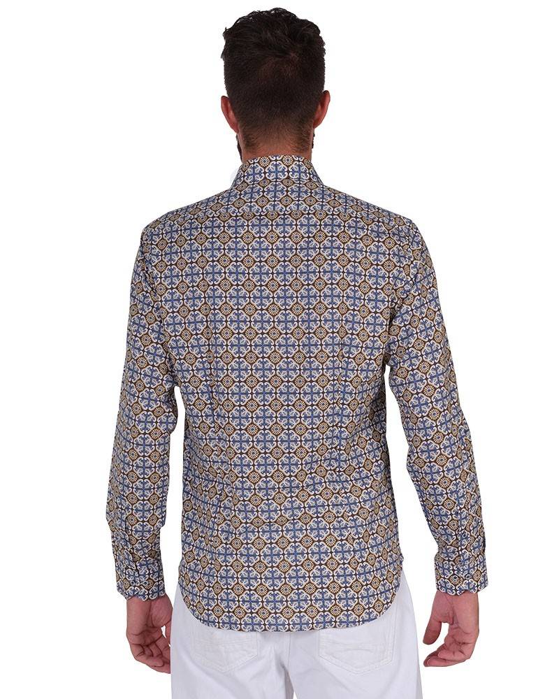 Poggianti Camicia Fantasia Collo Morbido Azzurro/Marrone I Più Venduti