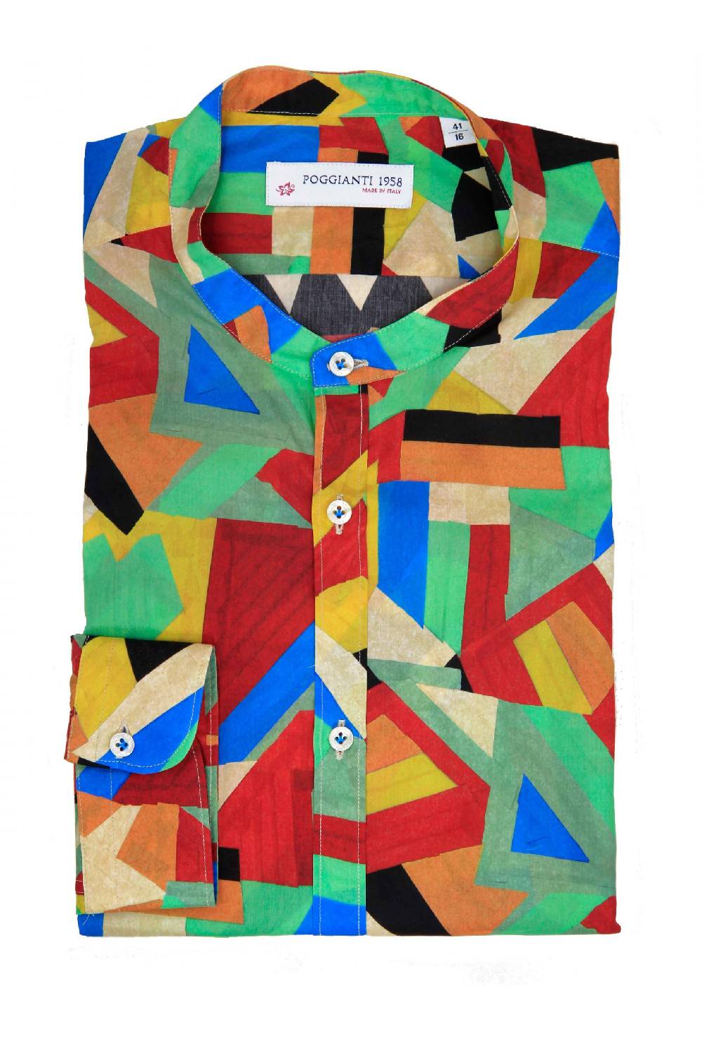 Poggianti Camicia fantasia geometrica multicolor, Collo coreano Negozio