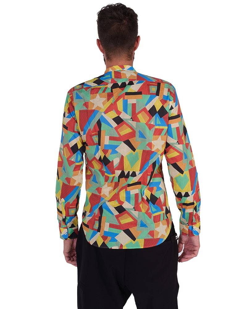 Poggianti Camicia fantasia geometrica multicolor, Collo coreano Negozio