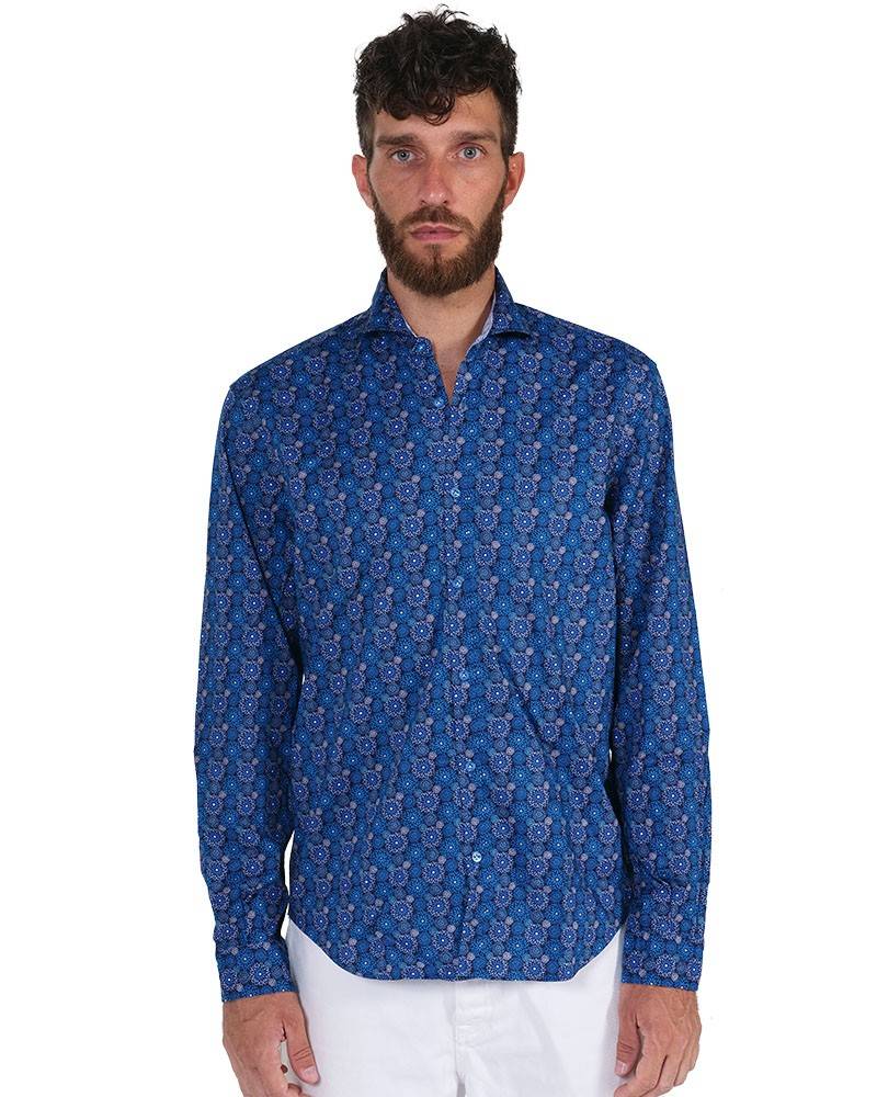 Poggianti Camicia Fantasia Collo Morbido Azzurro/Bianco Convenienza
