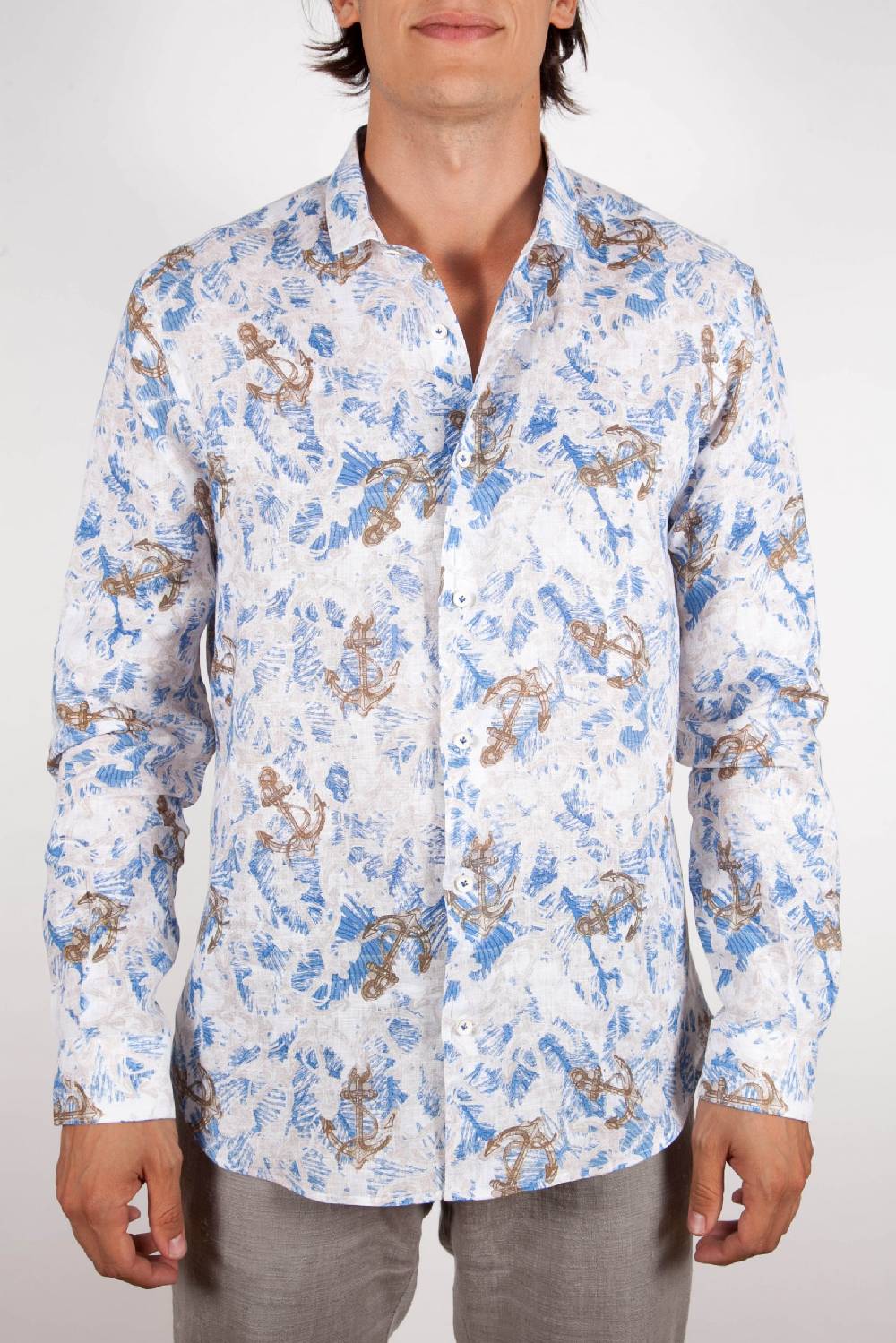 Poggianti Camicia Fantasia Lino Collo Francese 403-01 In Linea