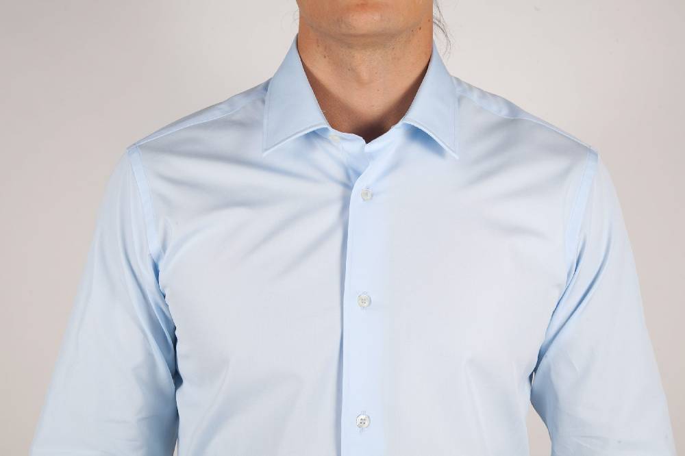 Poggianti Camicia Celeste Popeline Collo Italiano C01-3 Fino Al -60%