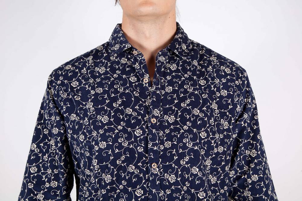 Poggianti Camicia Fantasia su riga Blu Collo Italiano Sconto