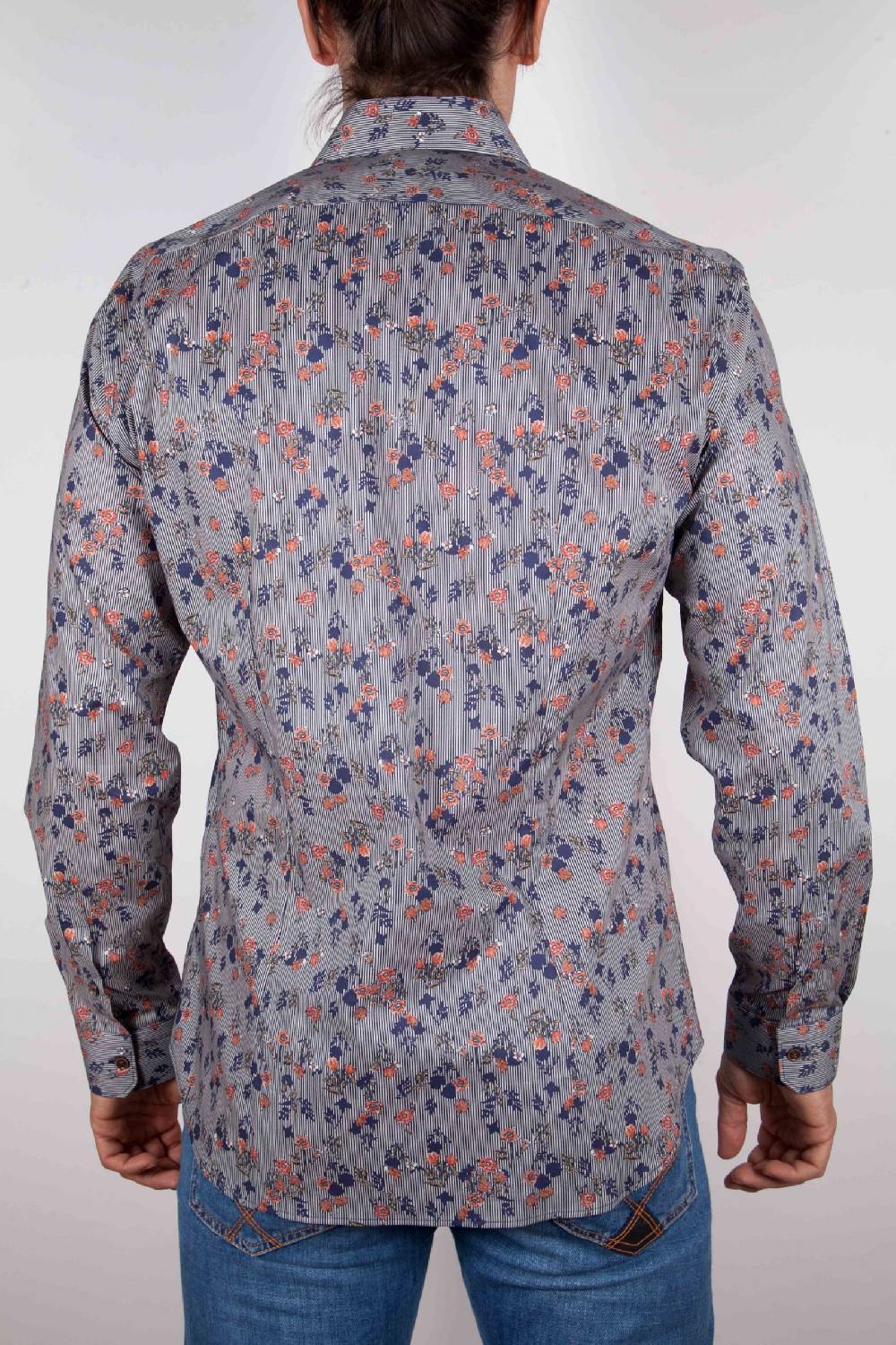 Poggianti Camicia Fantasia su riga Blu Collo Italiano Offerta