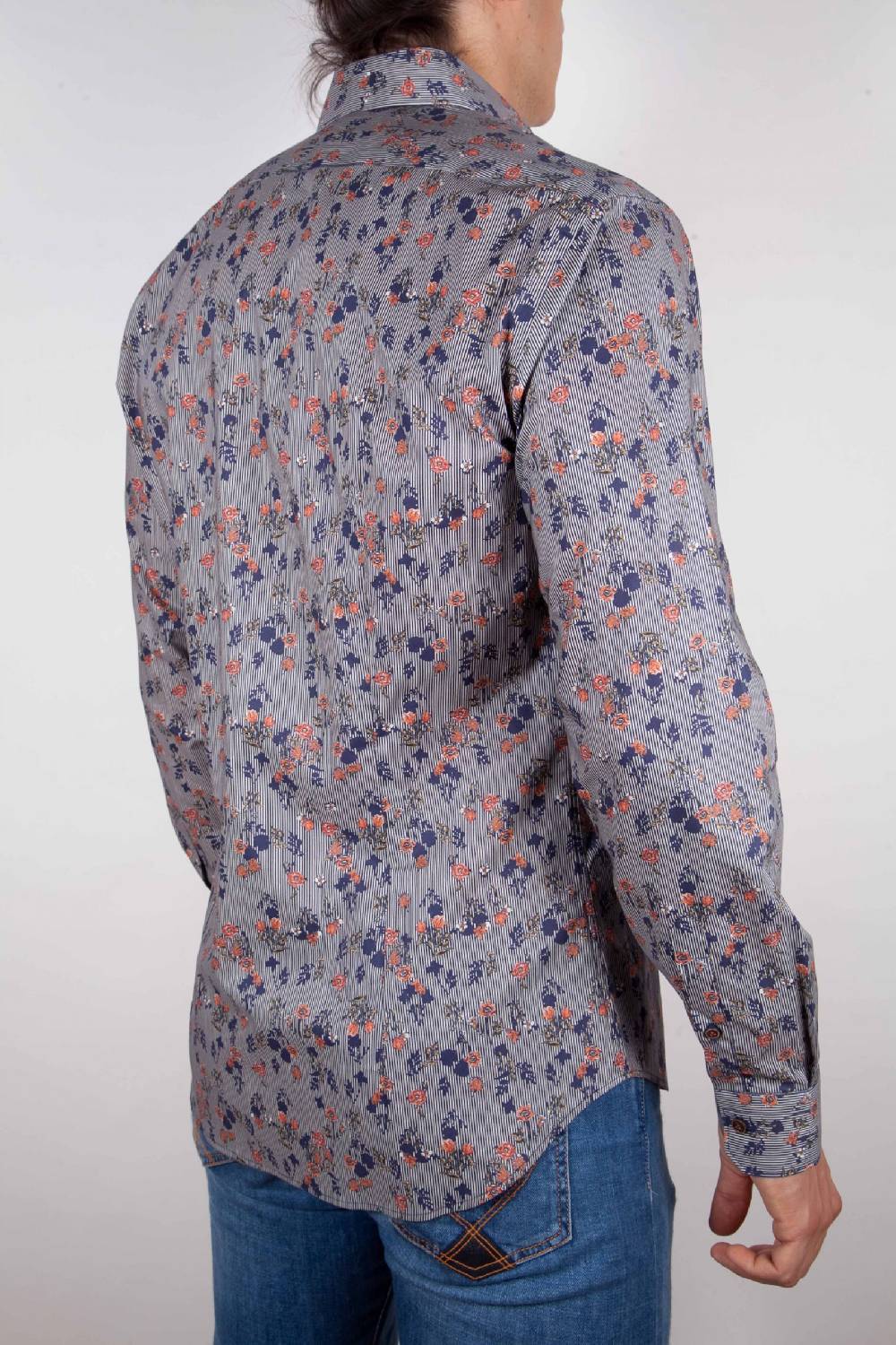 Poggianti Camicia Fantasia su riga Blu Collo Italiano Offerta
