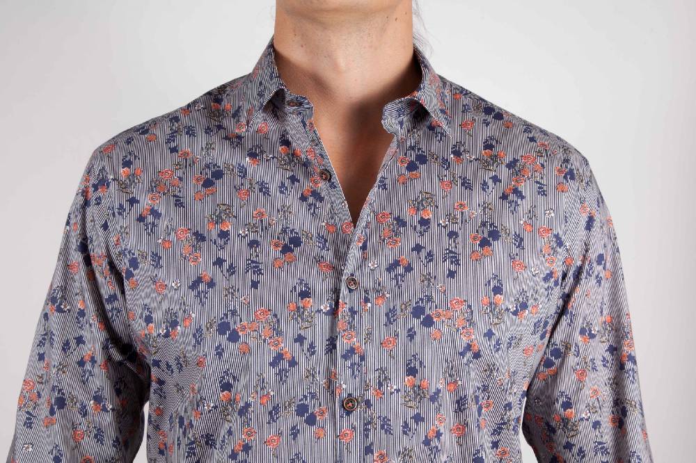 Poggianti Camicia Fantasia su riga Blu Collo Italiano Offerta
