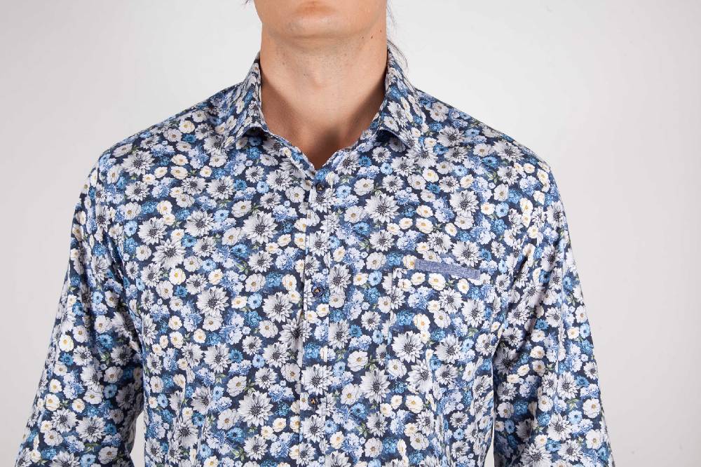 Poggianti Camicia Fantasia Blu Collo Italiano Economico