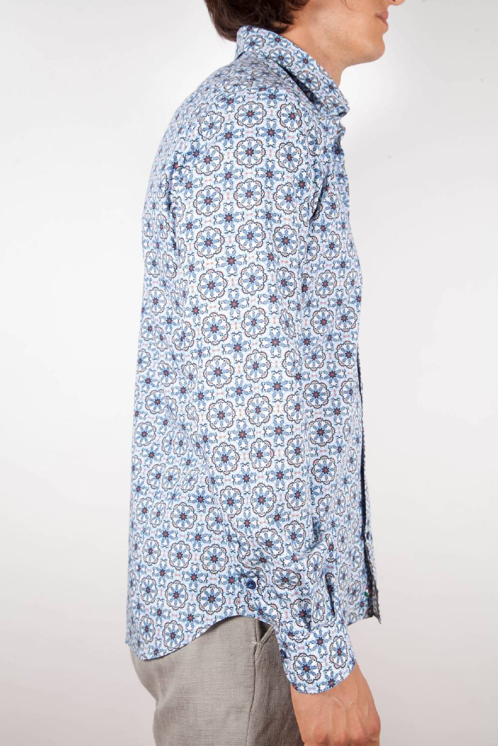 Poggianti Camicia Fantasia Collo Morbido Azzurra Vendita Calda