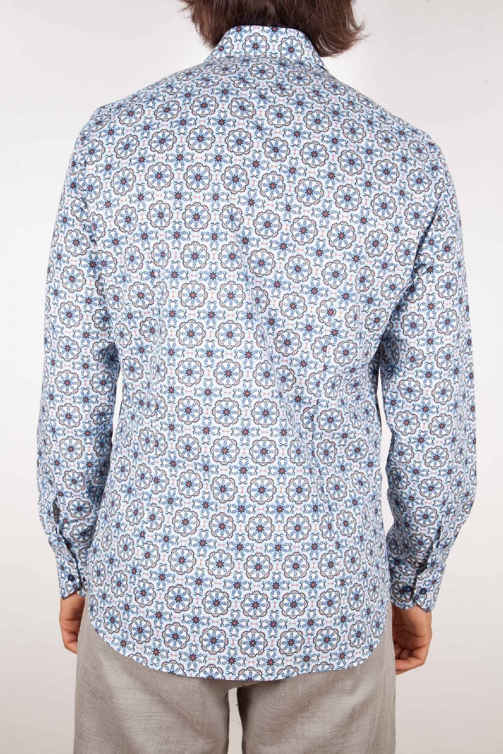 Poggianti Camicia Fantasia Collo Morbido Azzurra Vendita Calda