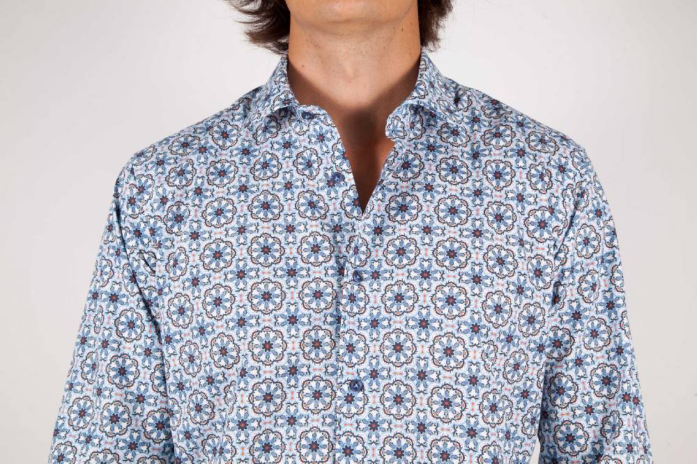 Poggianti Camicia Fantasia Collo Morbido Azzurra Vendita Calda