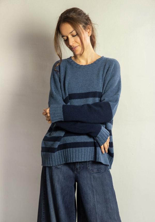 Rose & Lini MARCHÉ DES PALMIERS WOOL “GINEVRINA” STRIPED PULL BORMIDA & BLUE Sottocosto