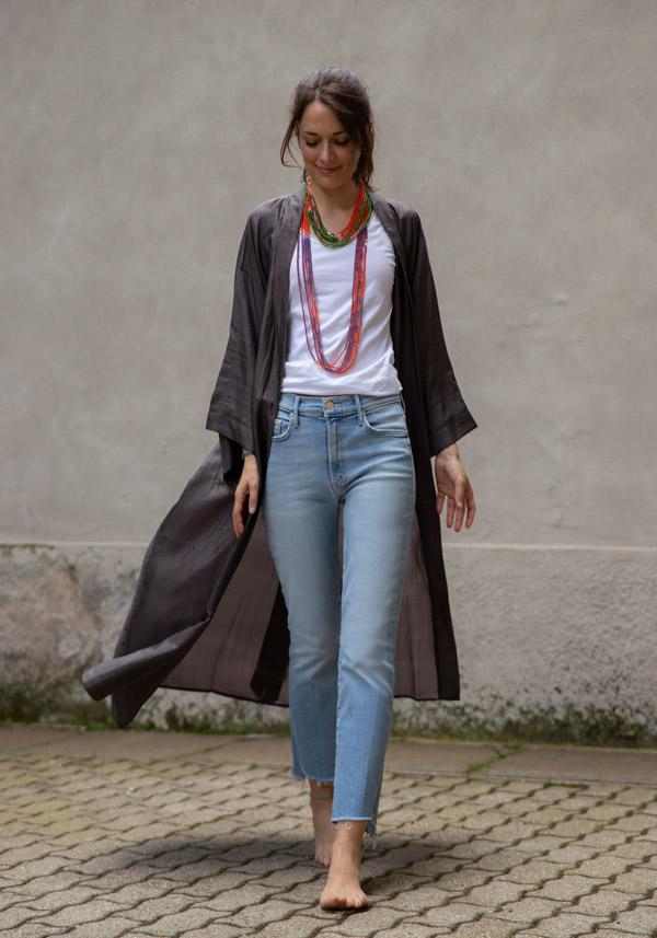 Rose & Lini THE ROSE IBIZA SILK “GOWN KIMONO” CHARCOAL Saldi Di Fabbrica
