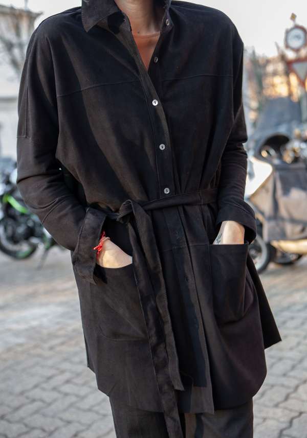 Rose & Lini GIORGIO BRATO BLACK SUEDE LEATHER MAXI SHIRT Prezzo Ridotto