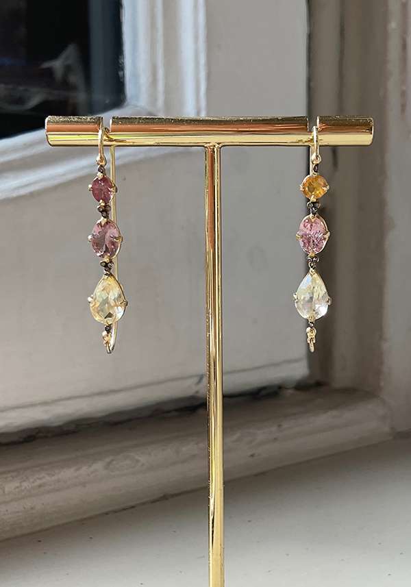 Rose & Lini 5 OCTOBRE “PAOLA 33” GOLD & MULTICOLOR GEMSTONES EARRINGS Nuovo