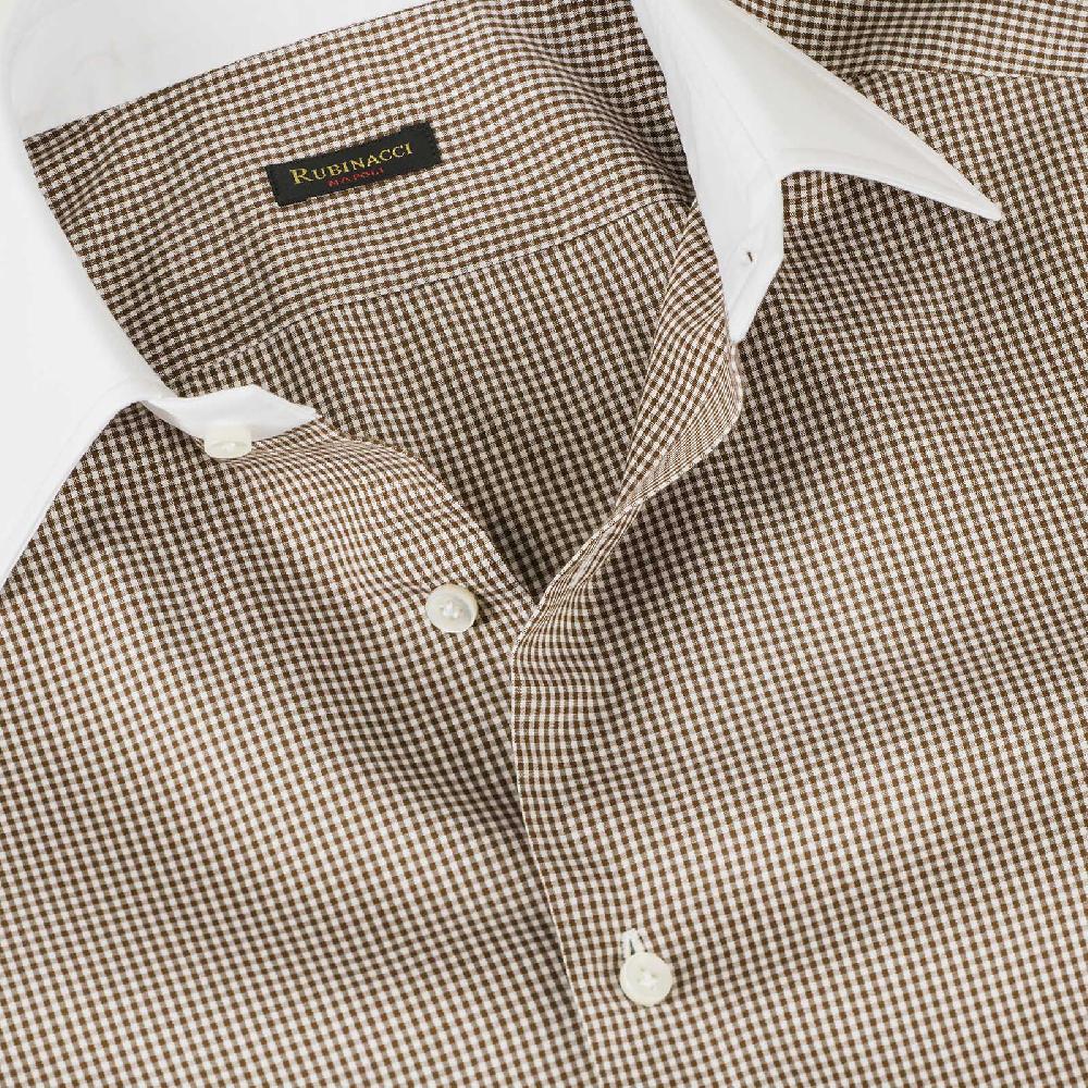 Rubinacci Camicia con collo bianco quadretto marrone Promozione Limitata