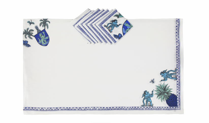 Sans Tabù Tovaglia Bianca Blu in lino grezzo stampato & 8 tovaglioli- Aristo Pop Vendita Calda