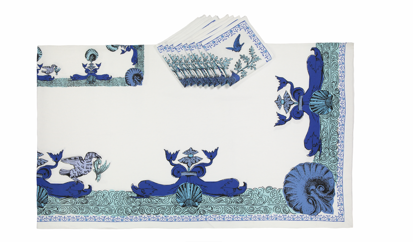 Sans Tabù Tovaglia Bianca Blu in lino grezzo stampato & 8 tovaglioli- Aristo Pop Vendita Calda