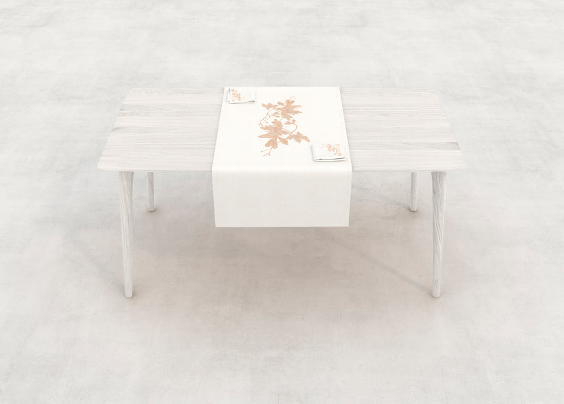 Sans Tabù Runner in lino grezzo ricamato & 2 tovaglioli - Peach Blossom In Linea