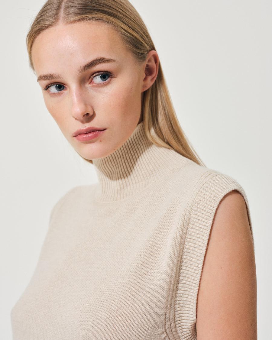 Scaglione GILET TURTLE NECK RIBBED SIDES BEIGE Sconto