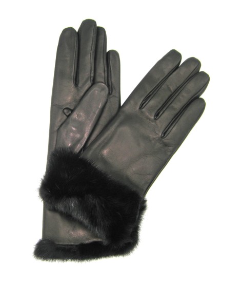 Sermoneta Gloves Guanto in Nappa 4bt con risvolto in Visone Nero In Vendita