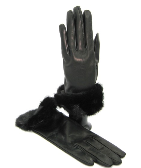 Sermoneta Gloves Guanto in Nappa 4bt con risvolto in Visone Nero In Vendita