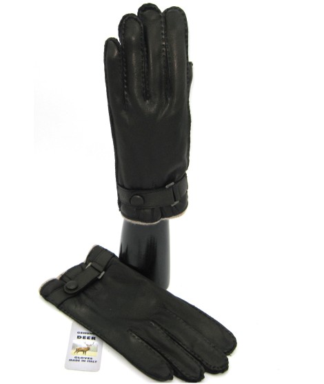 Sermoneta Gloves Guanto in Cervo fod. cashmere con cinturino Nero Vendita Calda