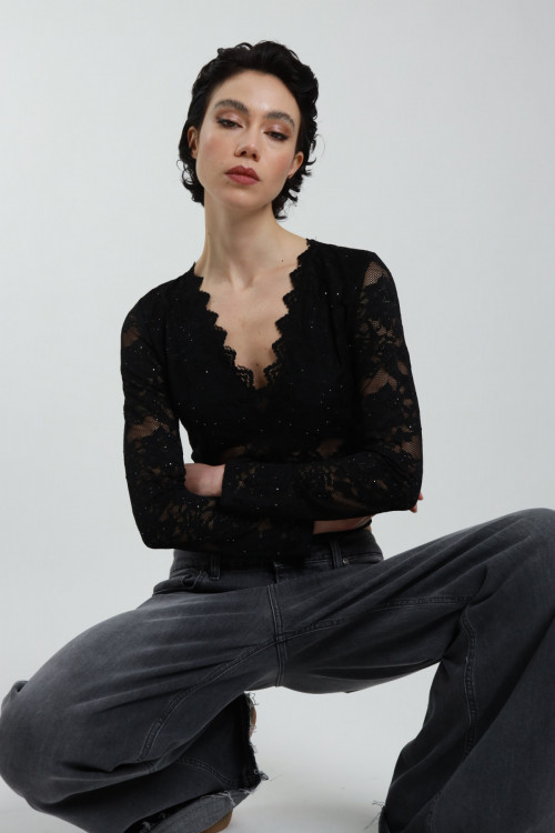 Susy Mix Maglia Pizzo Scollo V con Paillettes Affare Del Giorno