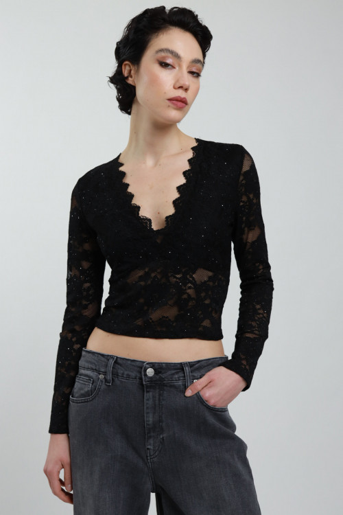 Susy Mix Maglia Pizzo Scollo V con Paillettes Affare Del Giorno