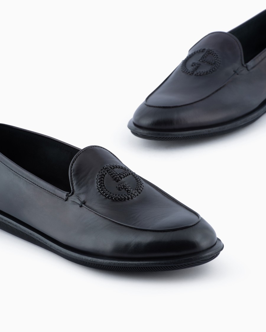 The world of armani MOCASSINI IN NAPPA VINTAGE CON LOGO RICAMATO Fino Al -60%