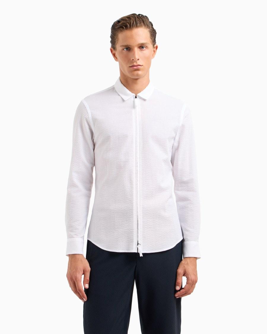 The world of armani CAMICIA SLIM FIT CON ZIP IN COTONE SEERSUCKER Outlet