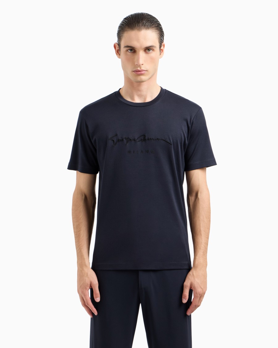 The world of armani T-SHIRT IN INTERLOCK DI PURO COTONE CON LOGO RICAMATO In Saldo