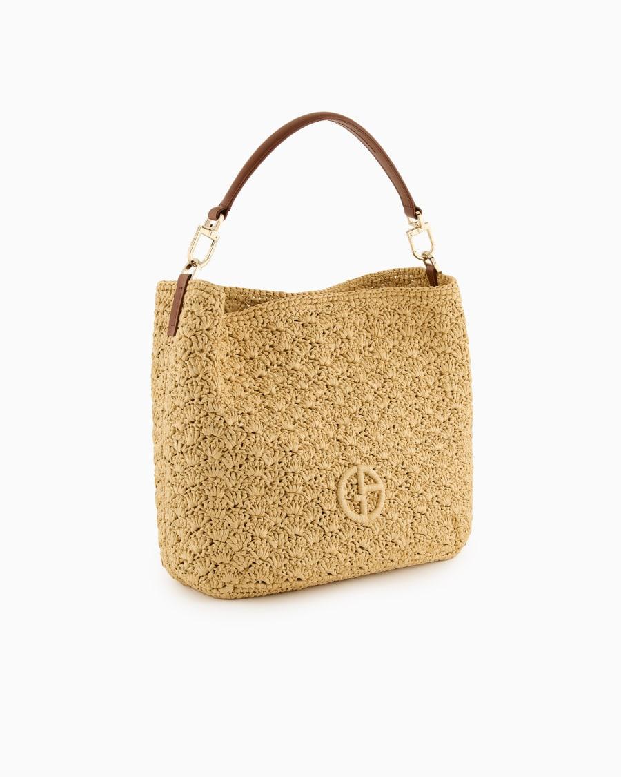The world of armani BORSA A SPALLA MEDIA IN RAFIA PUNTO VENTAGLIO E PELLE Super sconto